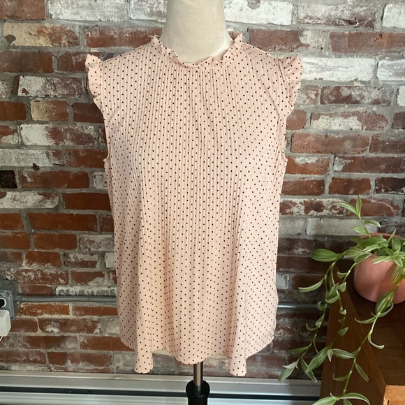 Andrianna Papell Pink with Black Polk Dot Ruffle Sleeve & Neck Short Sleeve Top - Picture 1 of 6